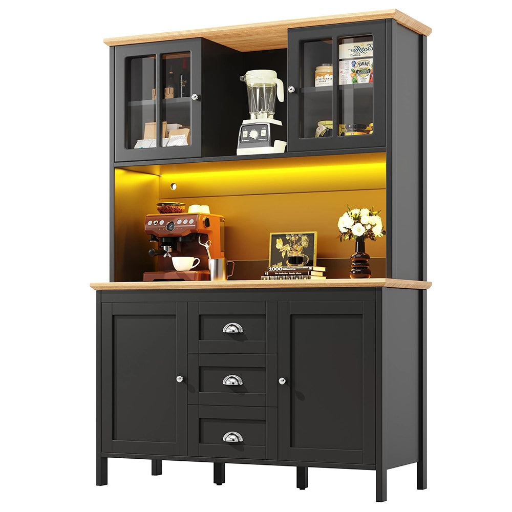 Armadio da cucina con illuminazione LED - Xylo - 120x40x179 cm - Bianco/Nero - 4 porte e 3 cassetti