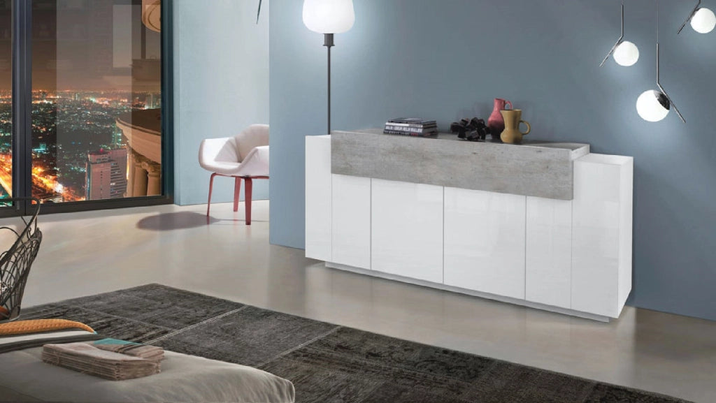 Credenza Moderna CORO: 4 Ante Battente e 1 Anta Ribalta Bianco Lucido - Cemento