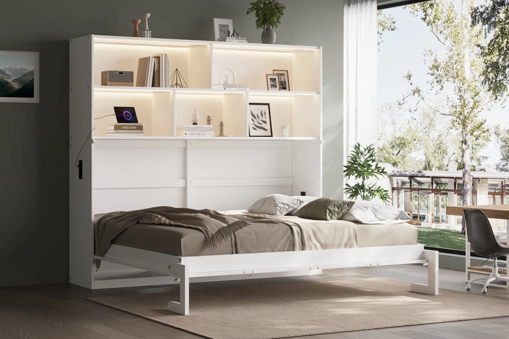 Letto a scomparsa singolo 90 × 200 cm con LED, USB, Type-C e contenitore, senza materasso, bianco