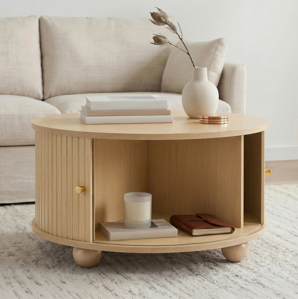 Tavolino da salotto rotondo 72x72x38 cm con due ante scorrevoli in MDF naturale