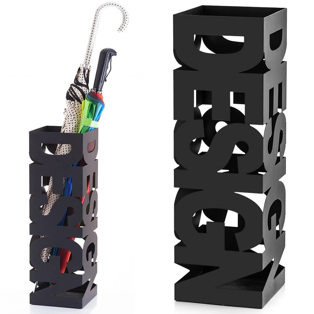 Portaombrelli in Ferro Design Quadrato Stand Nero Vaschetta Salvagoccia