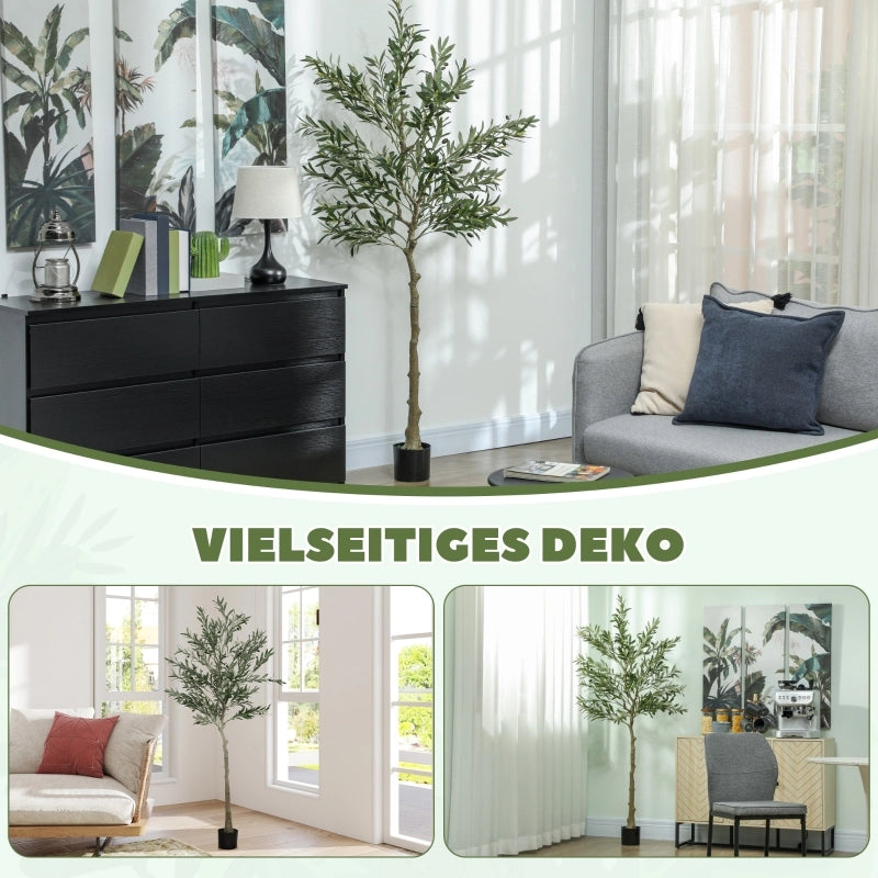 Grande ulivo artificiale, 180 cm, pianta artificiale, ulivo artificiale in plastica in vaso, albero artificiale con cemento, muschio artificiale per