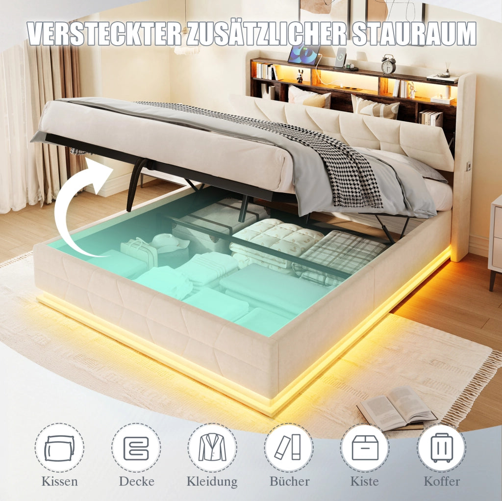 Letto matrimoniale 140x190 cm in velluto beige con testiera contenitore; LED e porte USB/Type-C