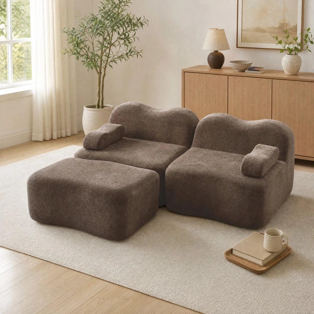 Divano angolare modulare a onde in velluto marrone con pouf collegabile