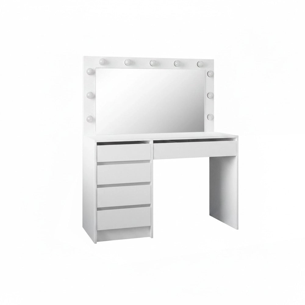Toeletta trucco Elite bianca con specchio 5 cassetti e lampadine LED 120x55x150H