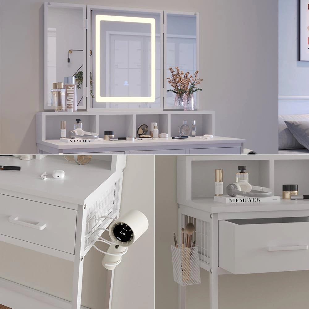 Vicco Tavolo da toilette Mavida, Bianco, 90 cm con specchio LED e sgabello