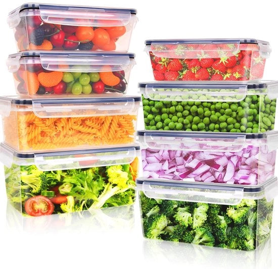 Set di contenitori alimentari con coperchi, 2 l, 1,74 l e 1 l, grandi contenitori (8 contenitori + 8 coperchi), scatola da pranzo per microonde, 100% impermeabile, BPA-free