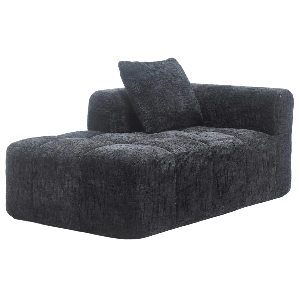 Divano Chaise Longue imbottito con tessuto Chenille nero, 158x90x60 cm, con cuscino e tasche laterali