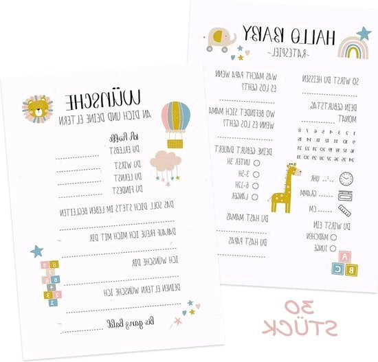 Gioco di società per feste di benvenuto del bambino - 30 carte da riempire - decorazione per baby shower - gioco di rivelazione del sesso - creativo regalo per mamma - divertimento per la mamma