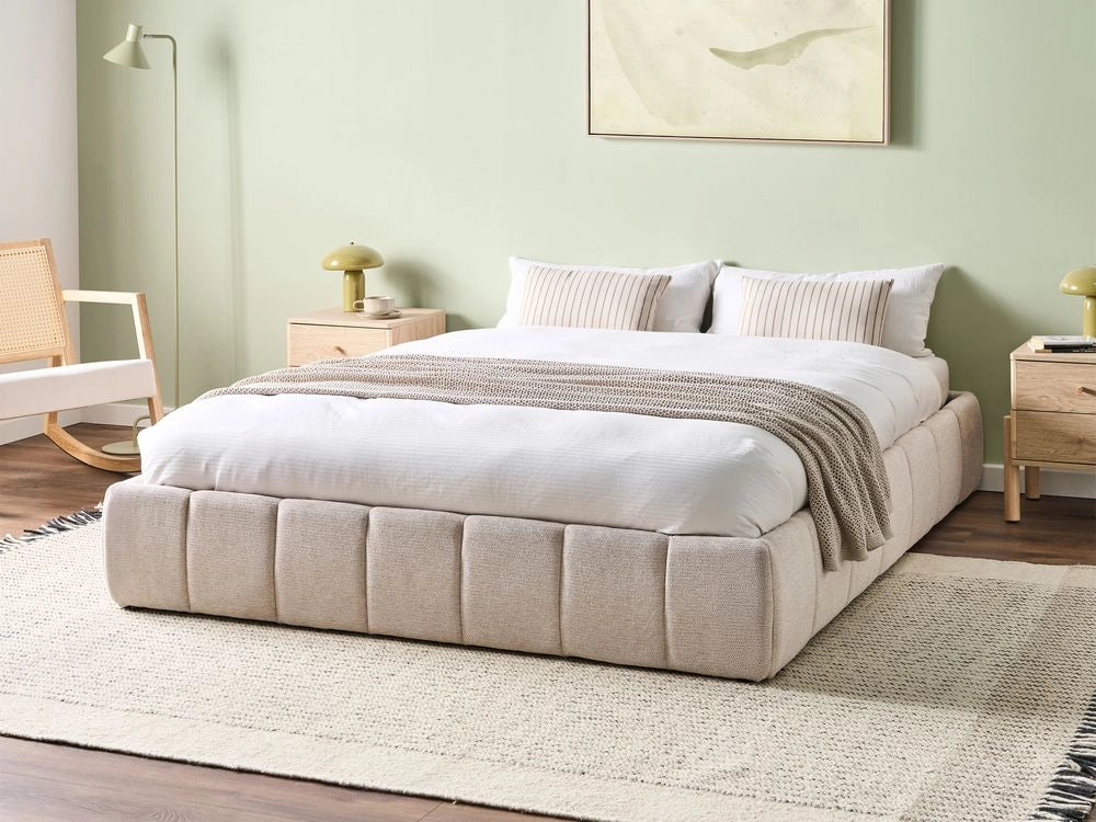 Letto matrimoniale in tessuto beige chiaro, imbottita, con contenitore e panca 160x200 cm design moderno