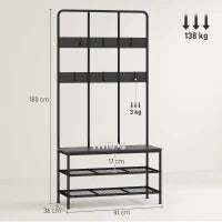 Appendiabiti da Ingresso 3 in 1 con 6 Ganci e Panca con Scarpiera, 91x36x180 cm, Nero
