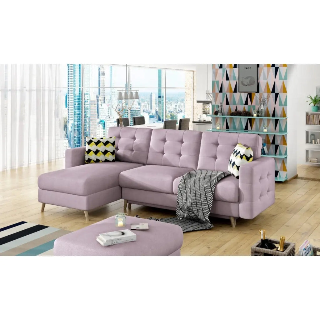 Divano angolare convertibile HASGARD 3 posti rosa 248x162 cm – con vano contenitore e piedi in legno