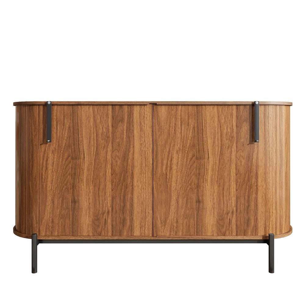 Credenza Ovale con Ante a Scorrimento in Rattan, Cassetti e Ripiani ¨C MINIMAL ¨C Legno e Metallo
