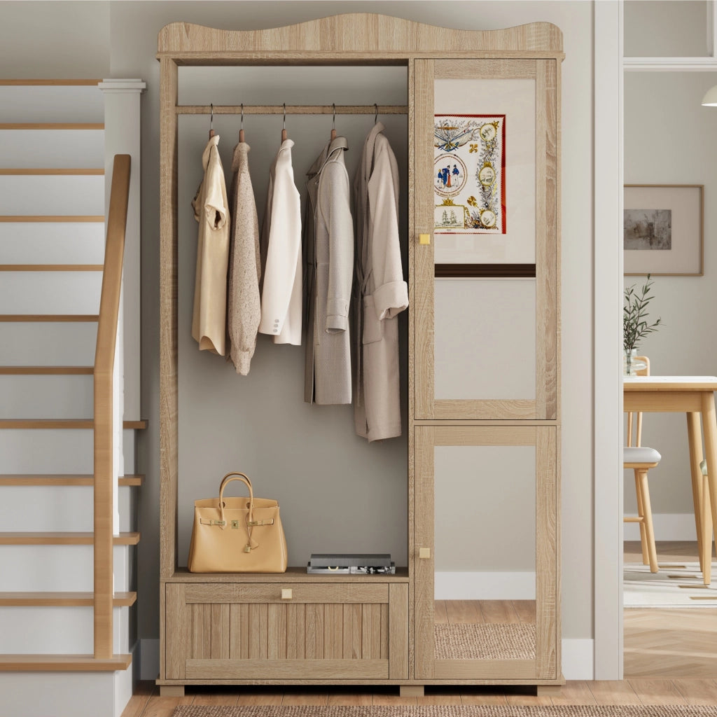 Armadio con 2 Ante e 1 Cassetto; Anta a Specchio e Barra Appendiabiti Aperta; Stile Moderno; in MDF; 115;5??38;5??194;5 cm; Rovere