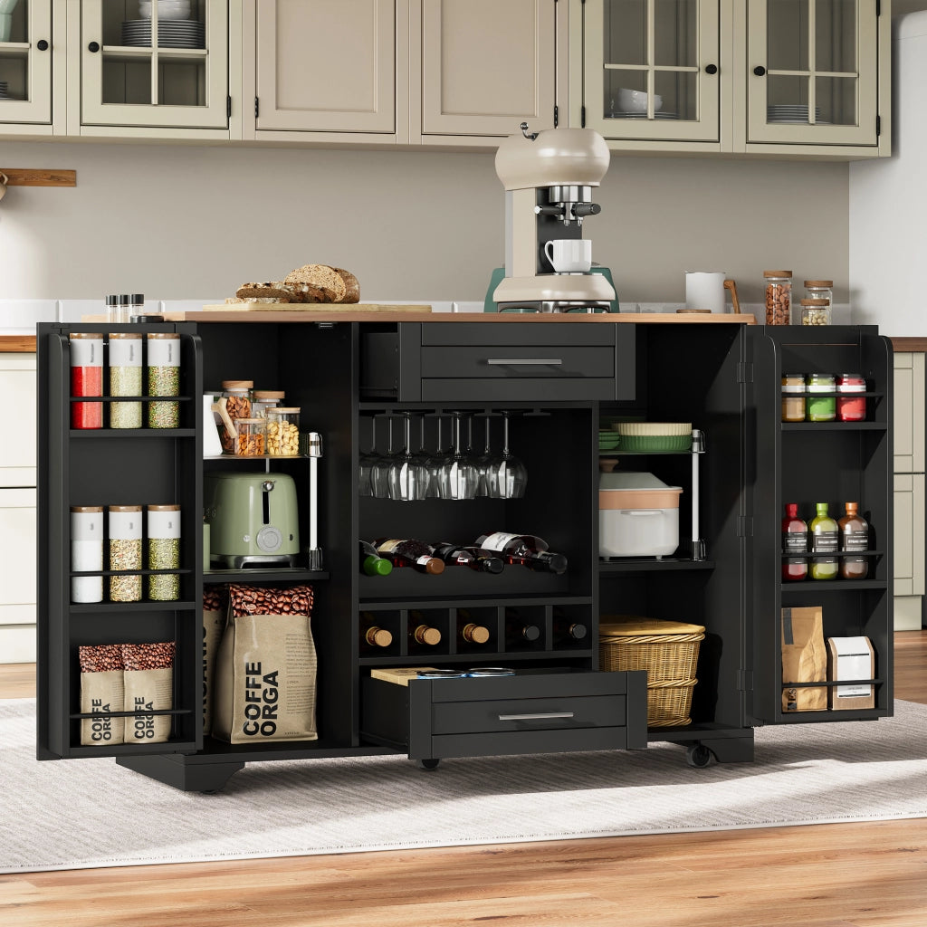 Carrello da cucina con 2 ante; 2 cassetti; ripiani regolabili; portabicchieri e portaasciugamani; 138x45x92 cm