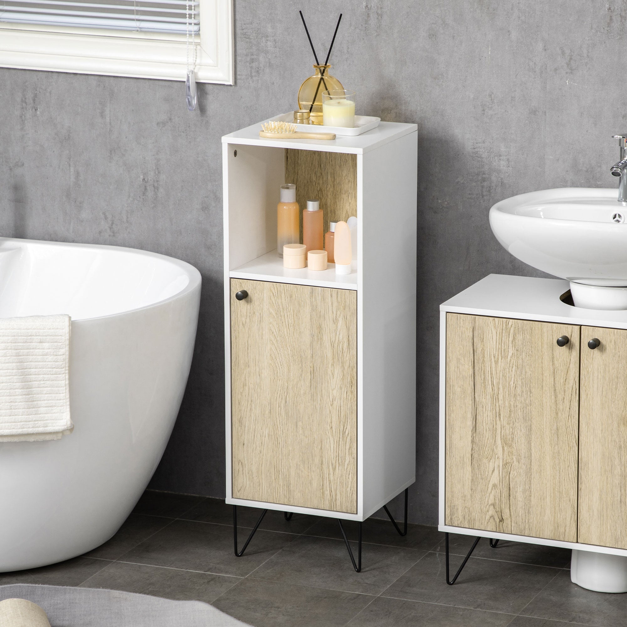 Mobile Bagno Ripiano Aperto 1 Anta 31,5x30x91 cm in Legno Quercia e Bianco