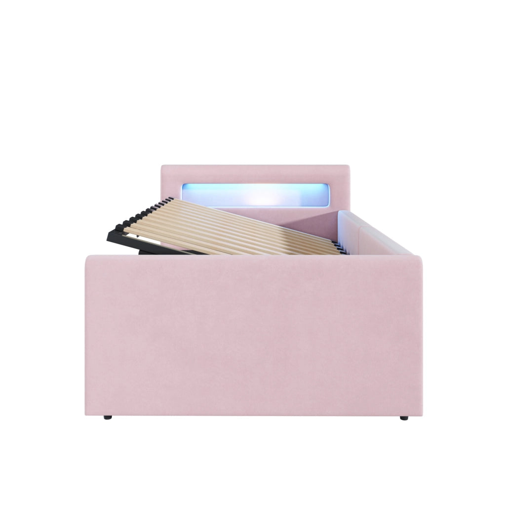 Letto imbottito per bambini 90x200 cm con LED; USB; contenitore idraulico; velluto rosa
