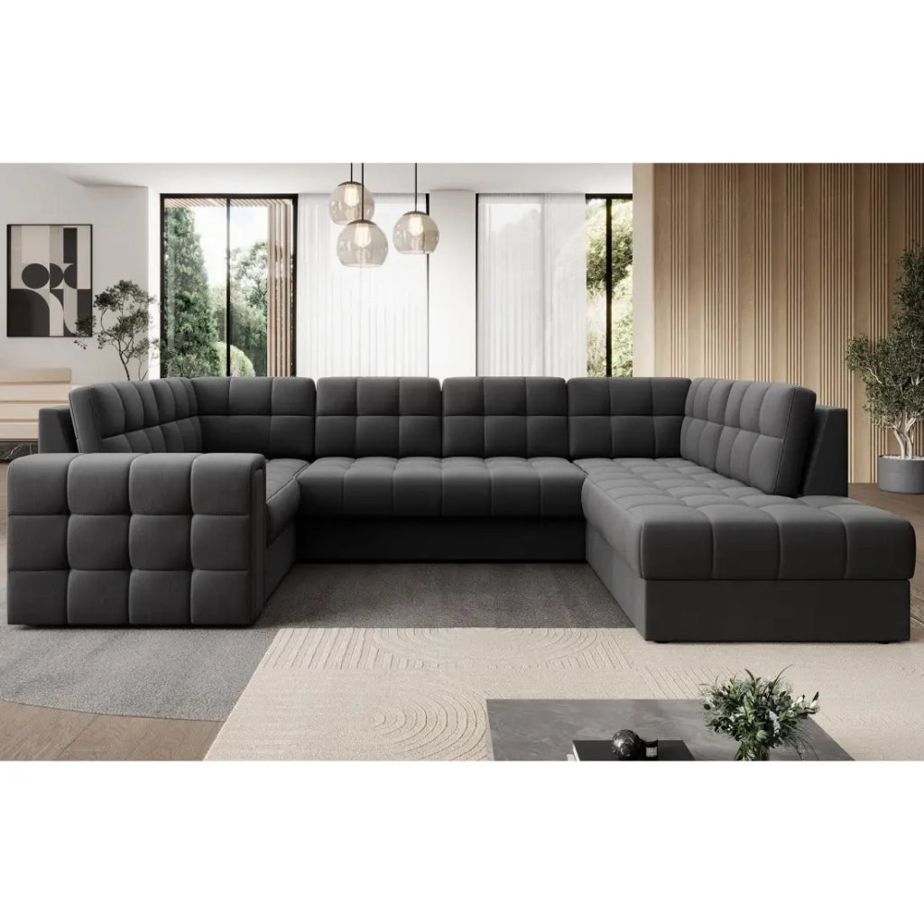 Divano angolare trasformabile MONTEZA grigio scuro 299 cm con contenitore e letto