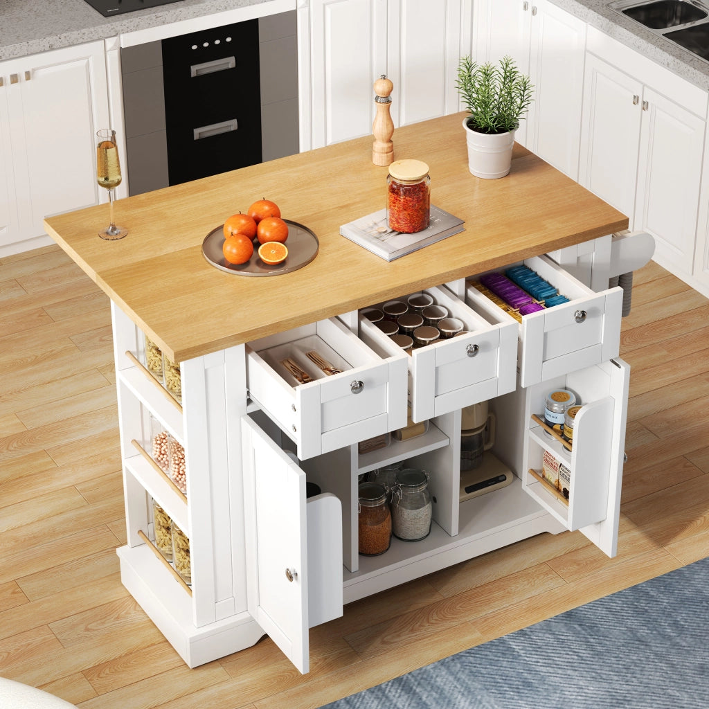 Isola da cucina mobile 132 cm con piano ribaltabile, cassetti, vani a giorno e presa integrata