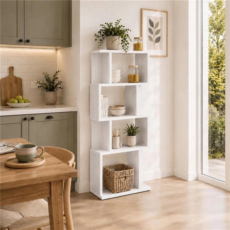 LIBRERIA CUBICA IN LEGNO BIANCO MODERNA 4 RIPIANI SFALSATI DIMENSIONI 70X24X127 CM