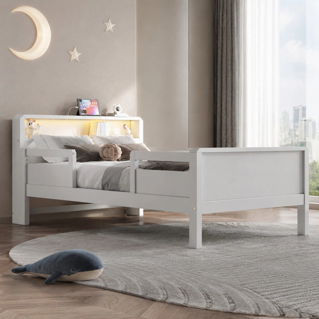 DESMIU Letto per bambini 1 posto con sponde, USB, Type-C e lampada LED 90 × 200 cm, senza materasso, legno bianco