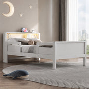 DESMIU Letto per bambini 1 posto con sponde, USB, Type-C e lampada LED 90 × 200 cm, senza materasso, legno bianco
