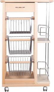 Carrello Cucina Salvaspazio in Legno di Faggio con Cassetto E Cesti Contenitori Portabottiglie Vino 4 Ruote Gir Naturale