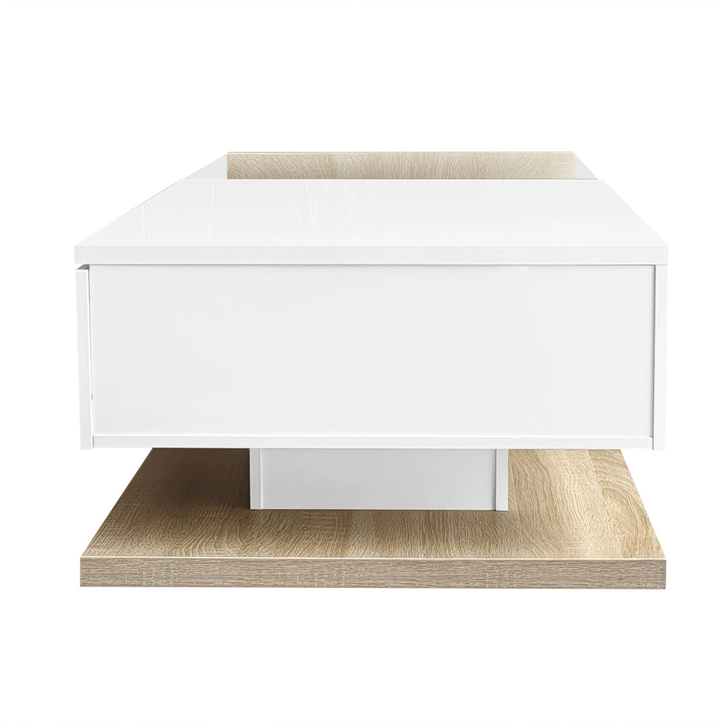 Tavolino da caffè 105x55x32.5 cm; con vano e LED 16 colori; truciolare; bianco lucido e colore naturale
