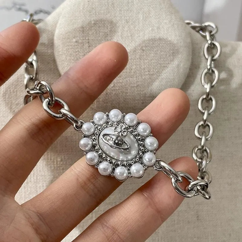 Collana vintage con perle rotonde e pianeti, regalo di Natale o compleanno.