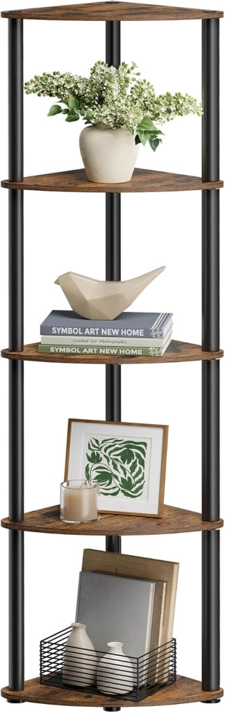 SONGMICS HOME Montaggio Super Veloce Senza Attrezzi, Scaffale Angolare a 5 Ripiani, Scaffale Autoportante, 38,3 x 27 x 139 cm, per Soggiorno, Camera da Letto, Cucina, Marrone Vintage LBC610K01