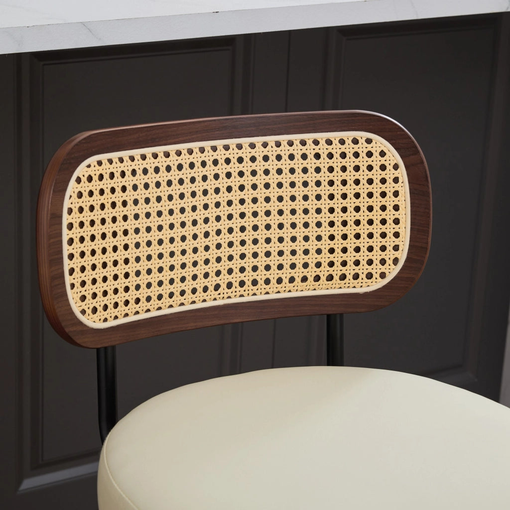 Set di 3 Sgabelli da Bar Girevoli con Schienale in Paglia di Vienna e Seduta Imbottita; Poliuretano; Beige