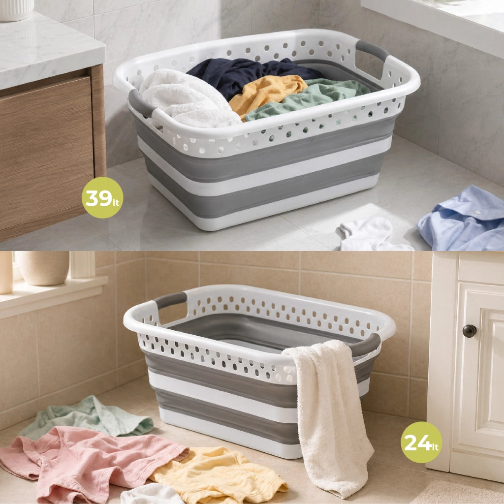 Set 2 Ceste Portabiancheria Pieghevoli 24L e 39L, Cesti Salvaspazio in Plastica e Silicone con Maniglie, Ceste Bucato Richiudibili Grigio Bianco per Bagno Lavanderia Casa
