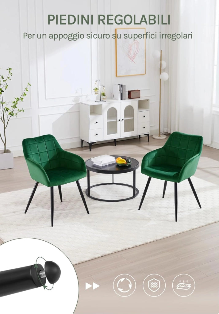 Set di 2 Sedie per Sala da Pranzo Imbottita, Poltroncina in Velluto,Sedia da Cucina con Braccioli e Schienale, Gambe in Metallo, moderne, Verde scuro, BH93dgn-2