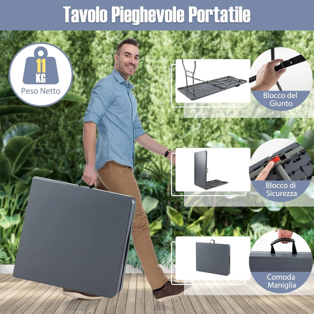 Tavolo Pieghevole Portatile da 180 cm, Tavolo da Campeggio in HDPE, Meccanismo di Blocco Sicuro, Tavolo da Picnic con Maniglia, Portata 160 kg (180 cm,Grigio)