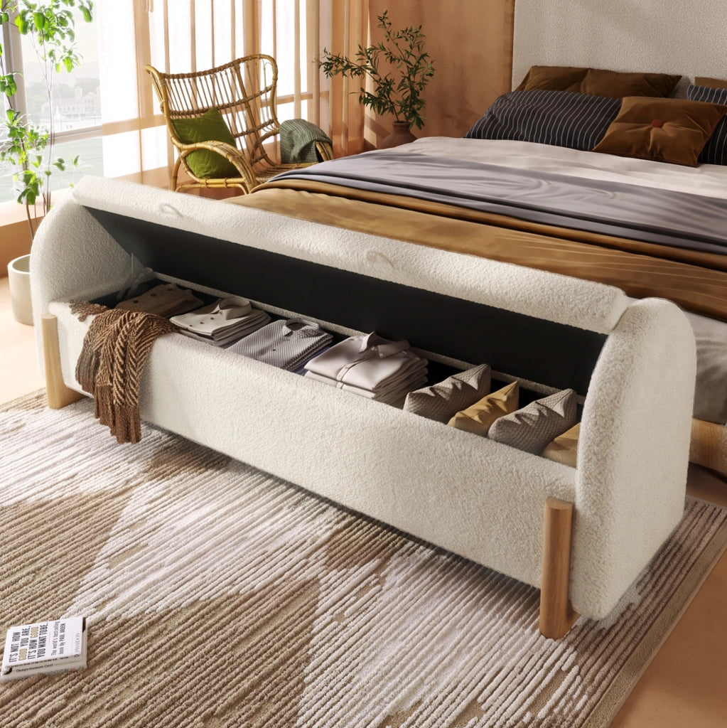 Panca contenitore per camera 186x47x61 cm in chenille bouclé bianco con vano portaoggetti idraulico