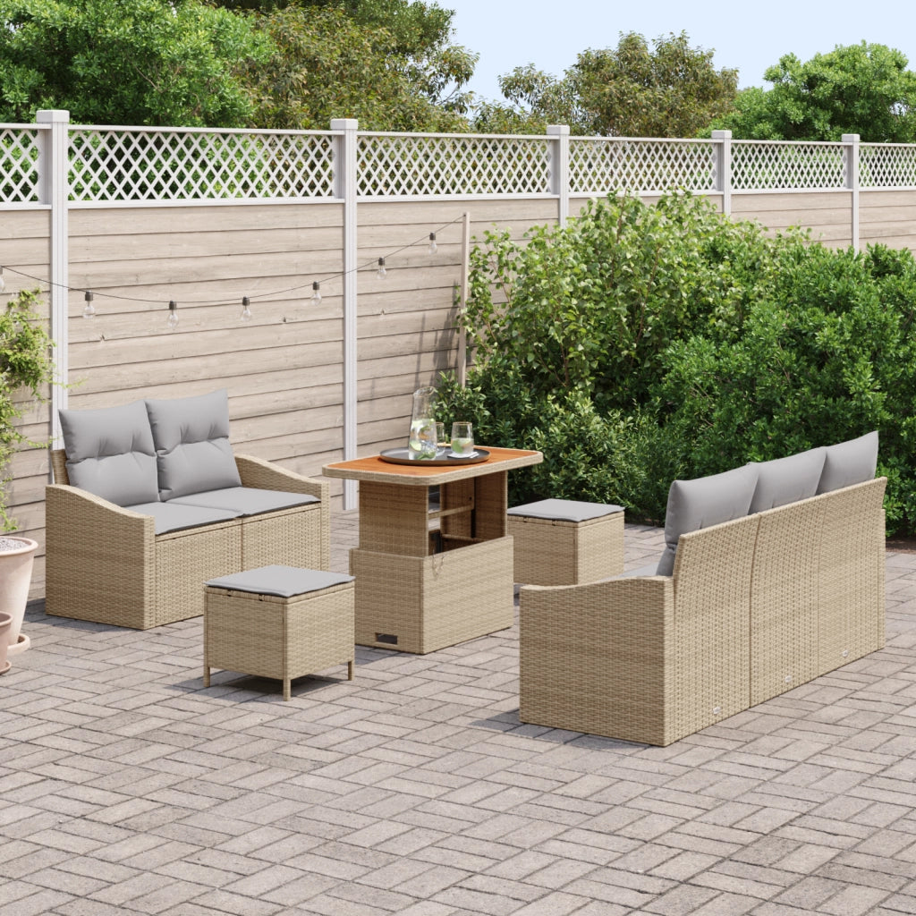 Set di Sofa da Giardino 8 Pezzi con Cuscini Beige Polyrattan Acacia