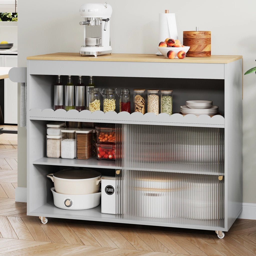 Isola Cucina Mobile 122x46/69x91 cm Grigia con Piano Ribaltabile, Ante in Vetro e 5 Ruote