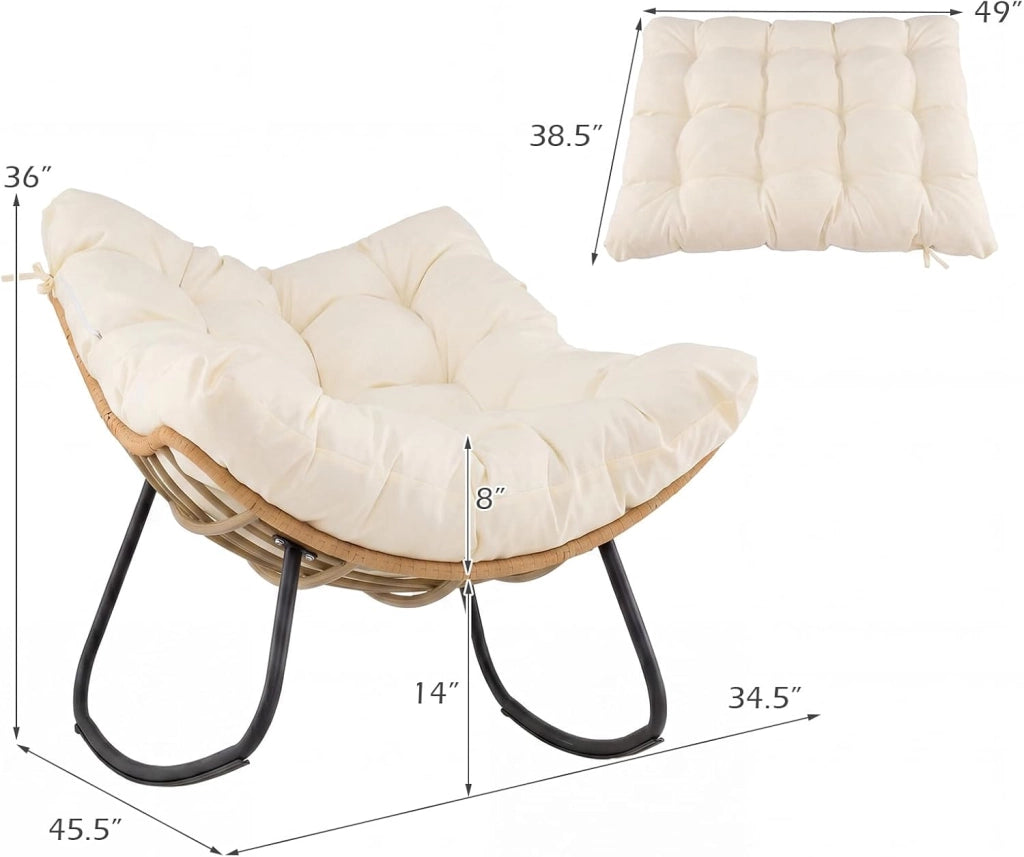 Sedia a Dondolo da Esterno, Poltrona a Dondolo da Interno con Cucscino Morbido, Struttura in Metallo e Rattan PE, per Terrazza, Bordo Piscina, Balcone, Soggiorno, 116 X 88 X 92 CM (Bianco)