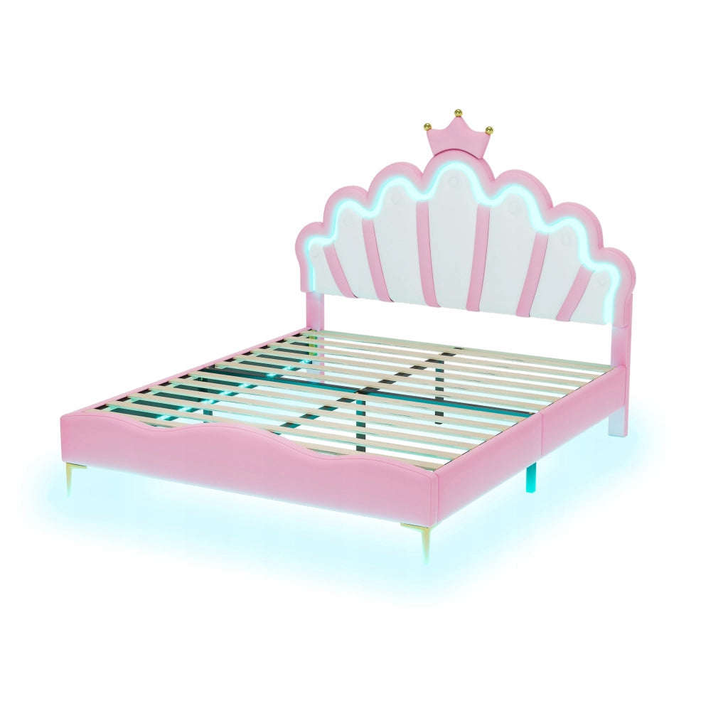 Letto 140x200 rosa con corona e LED - Xylo - Senza materasso