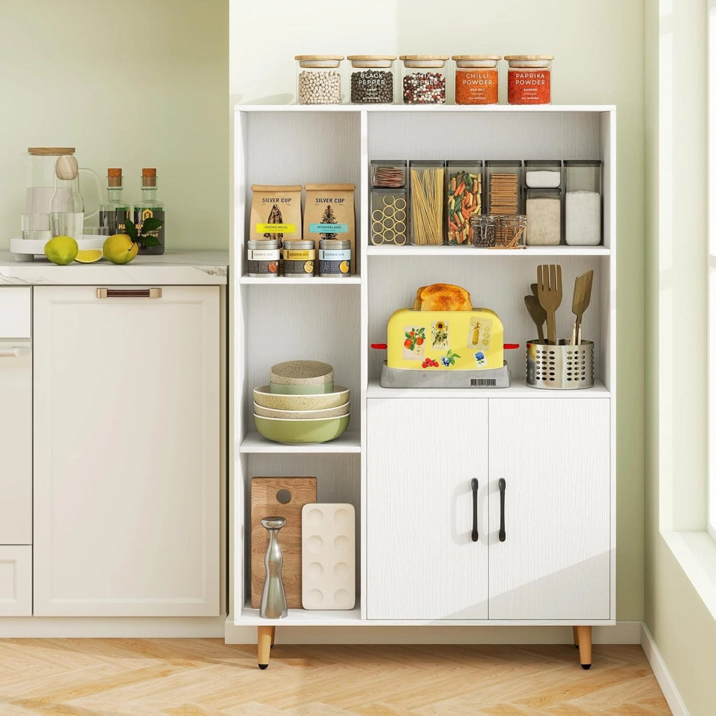 Armadietto da soggiorno, libreria, 2 ante e 5 scomparti aperti, credenza in legno, 80 x 23,5 x 119 cm (Bianco)