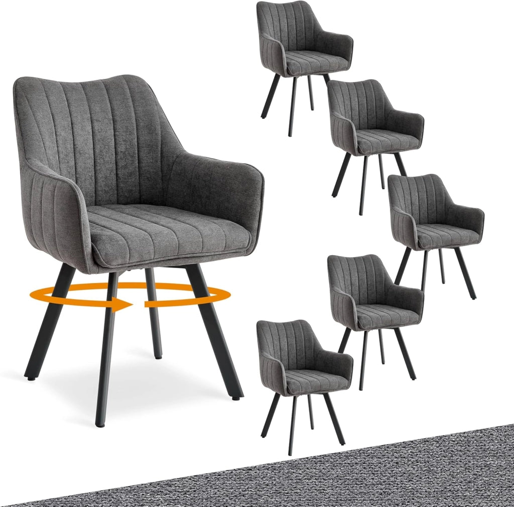 GrandCA HOME Set di 6 Sedie da Pranzo Girevoli, Sedie Imbottite Girevoli a 360°, Poltrone in Lino, Gambe in Metallo, Sedie da Cucina, Adatte per Sale da Pranzo, Cucine e Soggiorni, Grigio Scuro