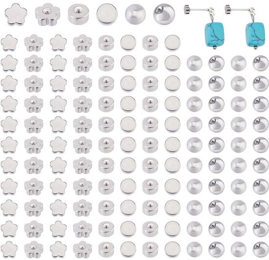 Orecchini in Acciaio Inossidabile 200 pezzi - 3 Stili: Fiorale/Goccia/Rond Plano - 4 mm di diametro - Disegno di serraggio confortevole - Componenti orecchini