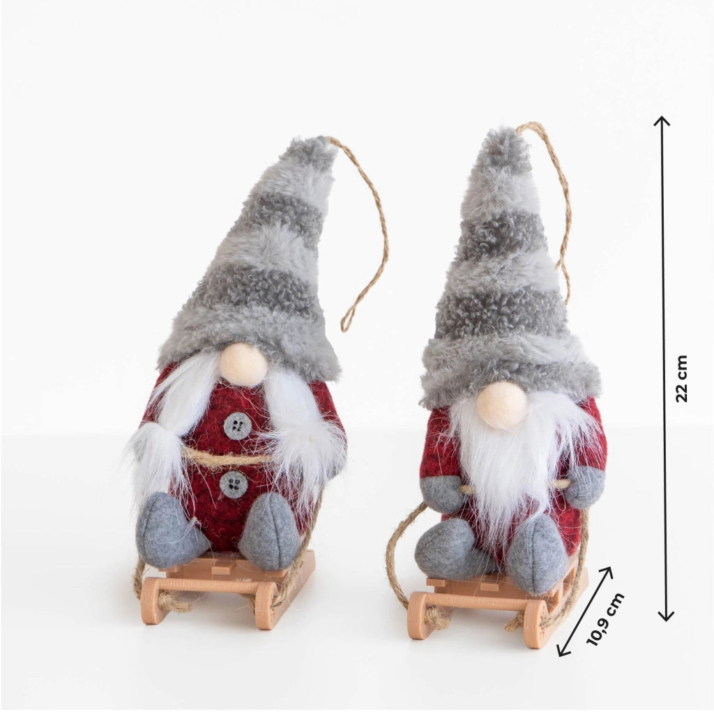 Set 4 Gnomi Natalizi 22 cm con Sci e Slitta Decorazioni Natale in Feltro con Cordino per Appenderli Gnomi Rossi, Animalier e Righe  Addobbi per Casa Righe