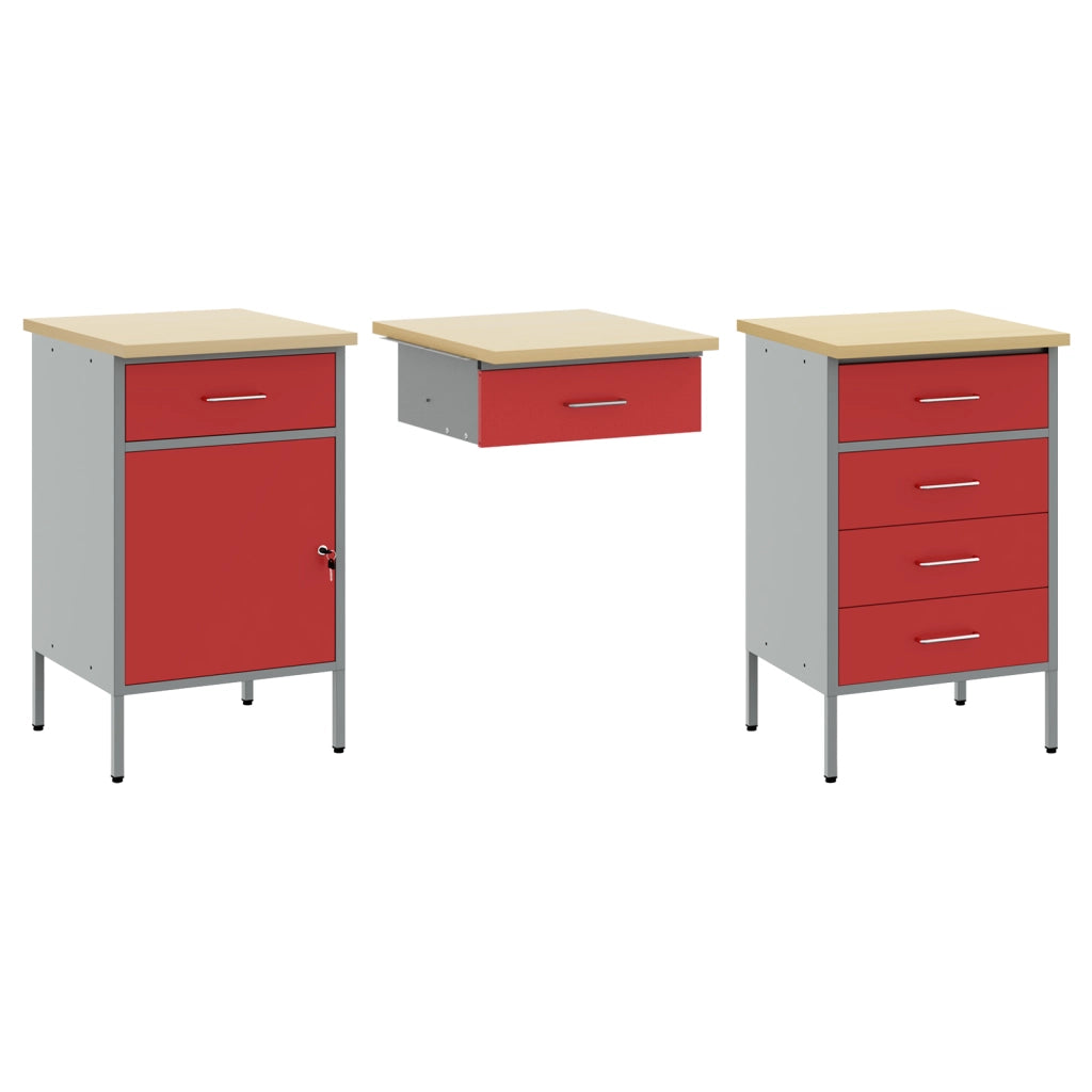 Set Armadio e Tavolo da Lavoro 3 Pezzi  Rosso in Legno Ingegnerizzato e Acciaio