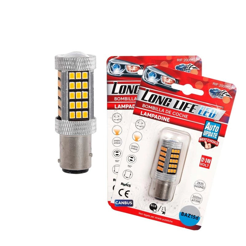 2 Pezzi Lampada LED BAZ15D S25 P21/5W 66 SMD 2835 12V 24V 300lm 4W/1.5W Doppio Filamento Ambra Piedi Sfalsati 55mm 360°