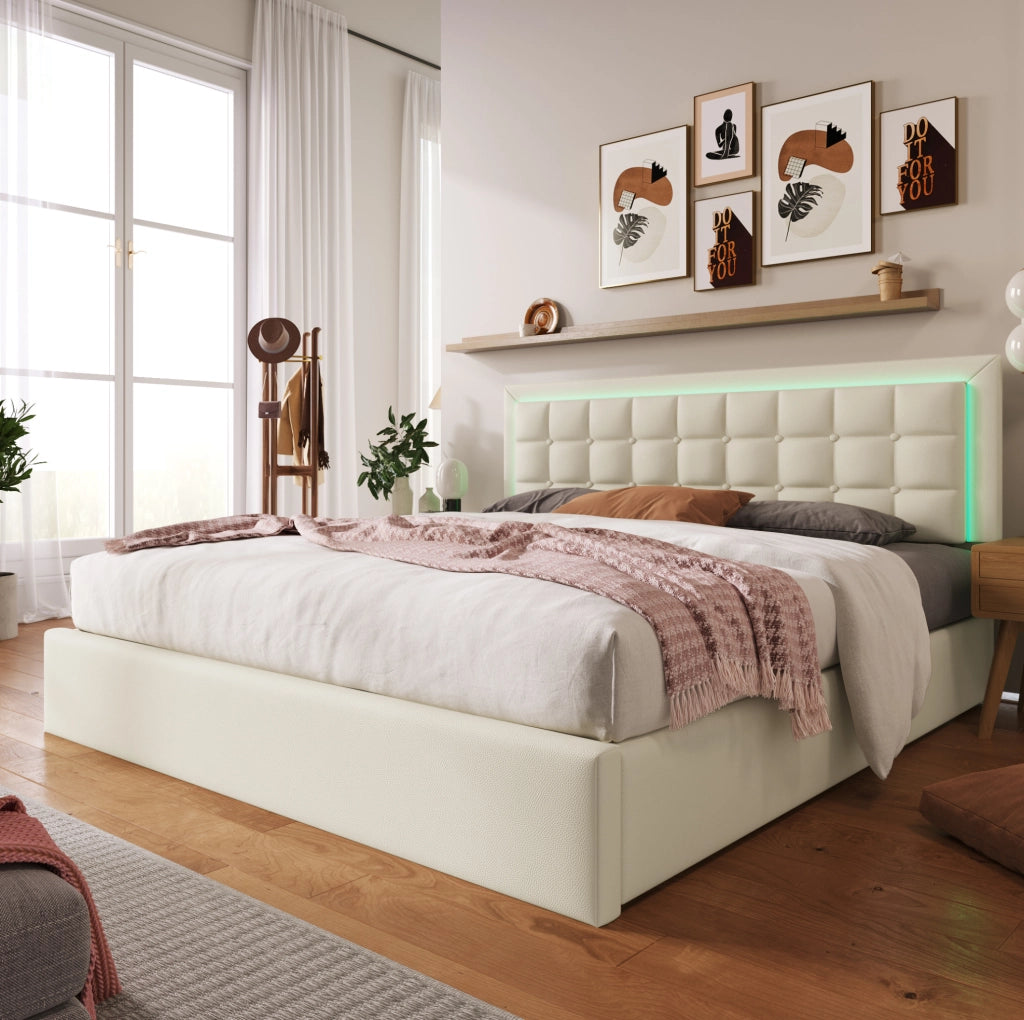 Letto matrimoniale 140x200 cm con contenitore sollevabile e LED; in PU bianco