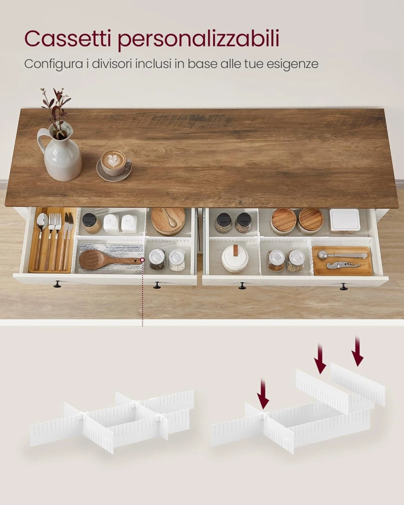VASAGLE Credenza Cucina, Mobiletto con Cassetti, Mobile con Ante e Ripiani Regolabili in Altezza, Stile Farmhouse, per Soggiorno Sala da Pranzo, 40 x 140 x 80 cm, Bianco Rustico e Noce Medio BBK381W02