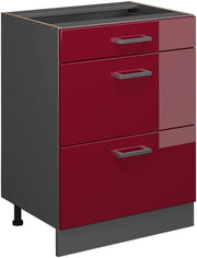 Mobiletto base per cucina R-Line, Rosso lucido, 60 cm con cassetti, senza piano di lavoro, per la libera combinazione all'interno di sistemi cucina modulari