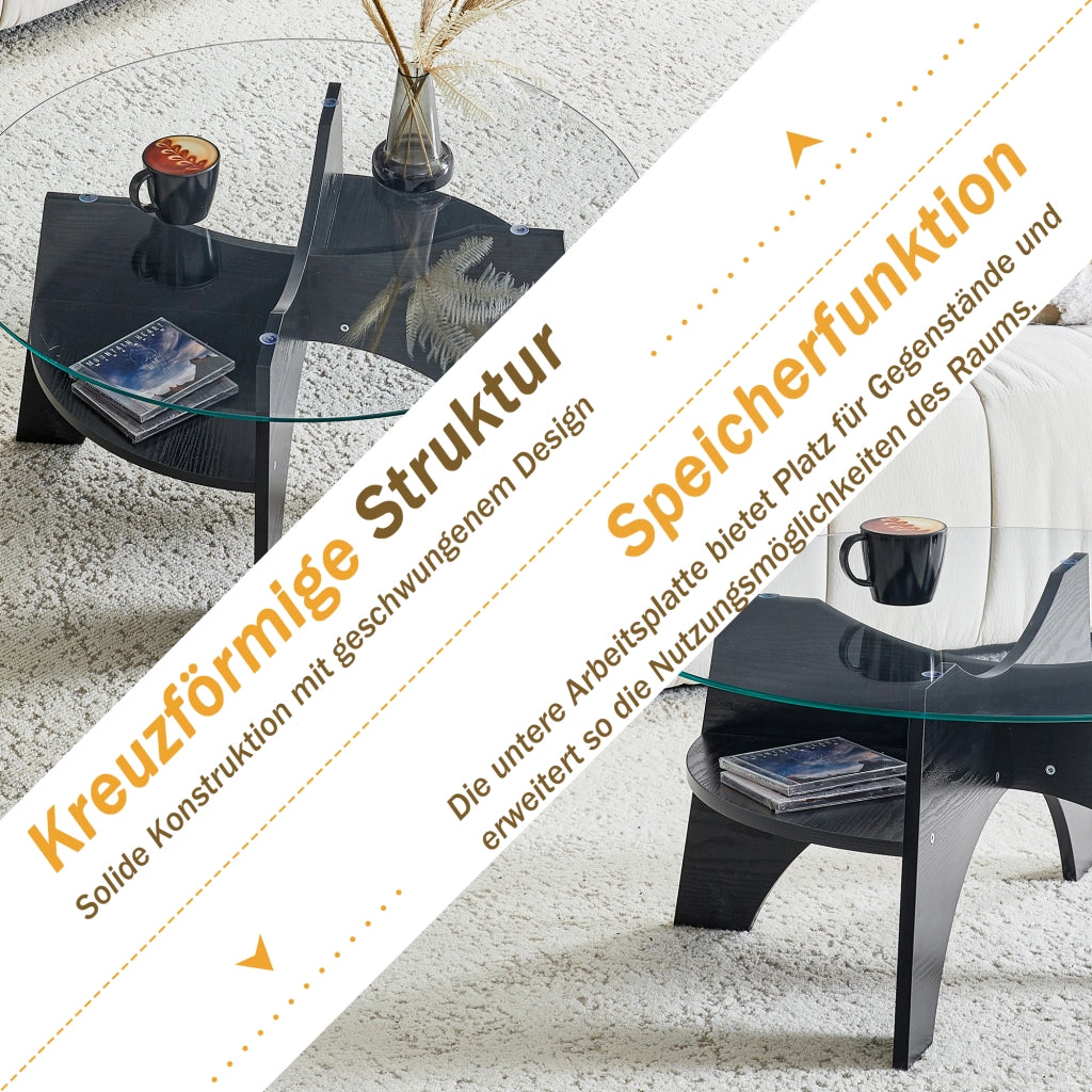 Tavolino da caffè rotondo con base in MDF e piano in vetro - per soggiorno - Ø 80 cm