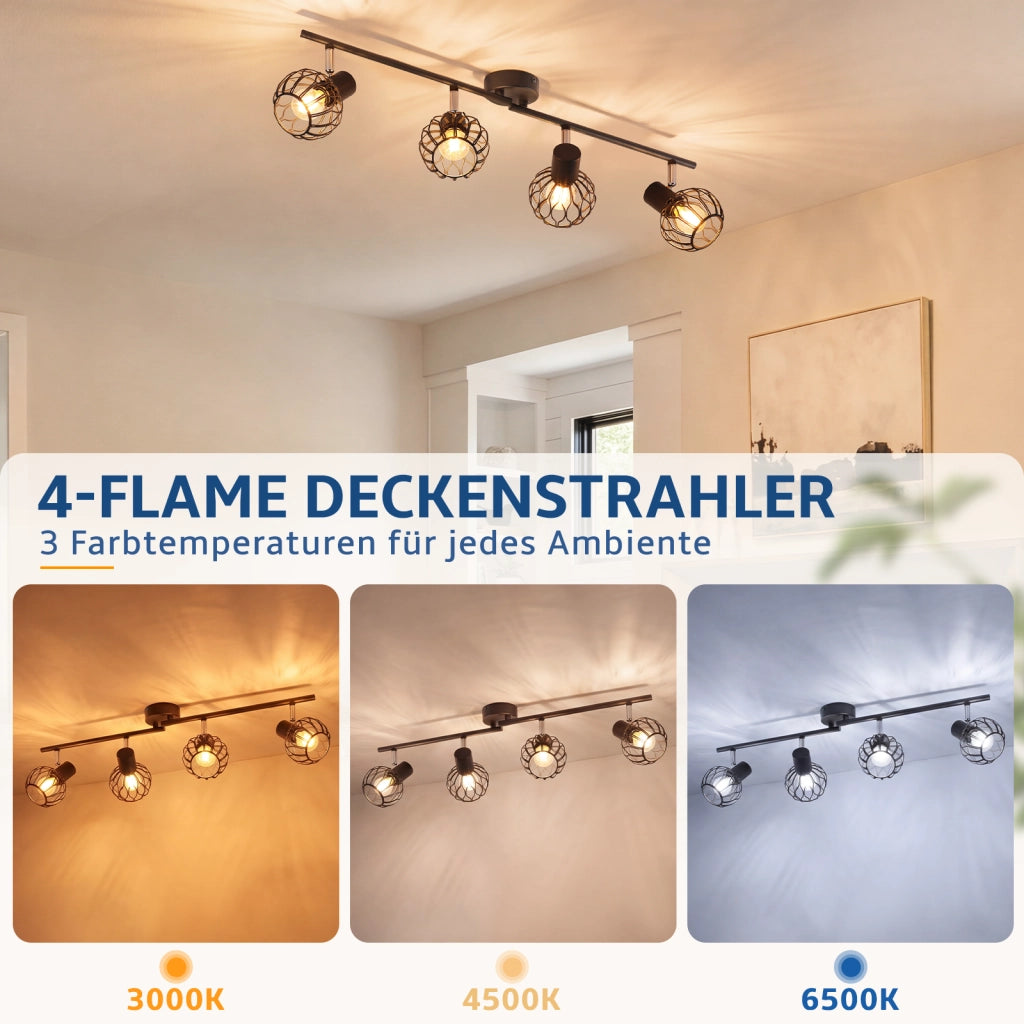 ZMH Faretto da soffitto 4 Luci Nero E14 Metall Orientabile Moderni per Soggiorno Cucina Corridoio Senza Lampadina